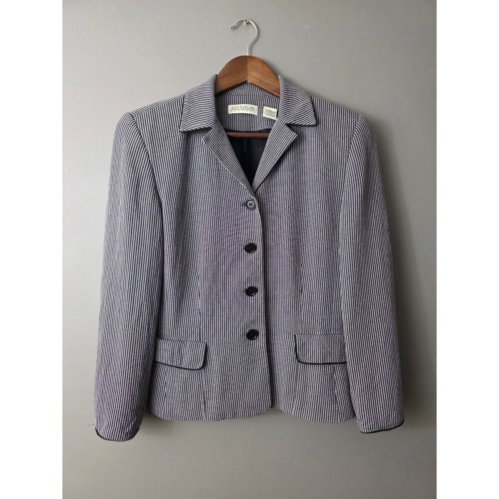 Ann Taylor Petites Black White Patterned 4-Button Blazer Jacket Size 8P USA Made